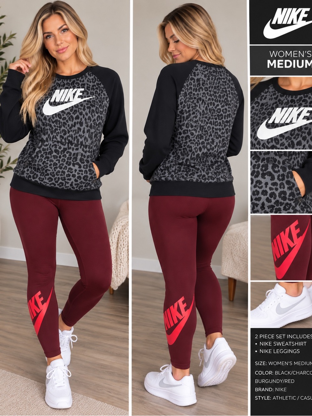 Nike Black/Charcoal Leopard Print Sweatshirt with Burgundy/Red Leggings